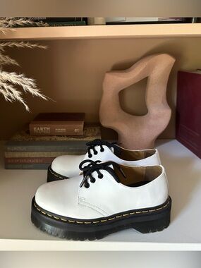 Dr. Martens White Leather Platform Oxford Shoes with Black Laces